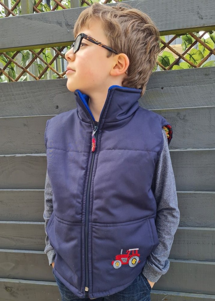 Lambland Kids Fleeces & Bodywarmers | Kids' Blue Embroidered Tractor Gilet