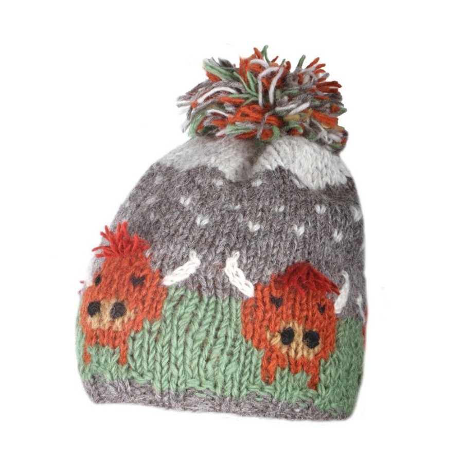 Pachamama Hats, Scarves & Earmuffs | Hand Knitted Highland Cow Bobble Hat