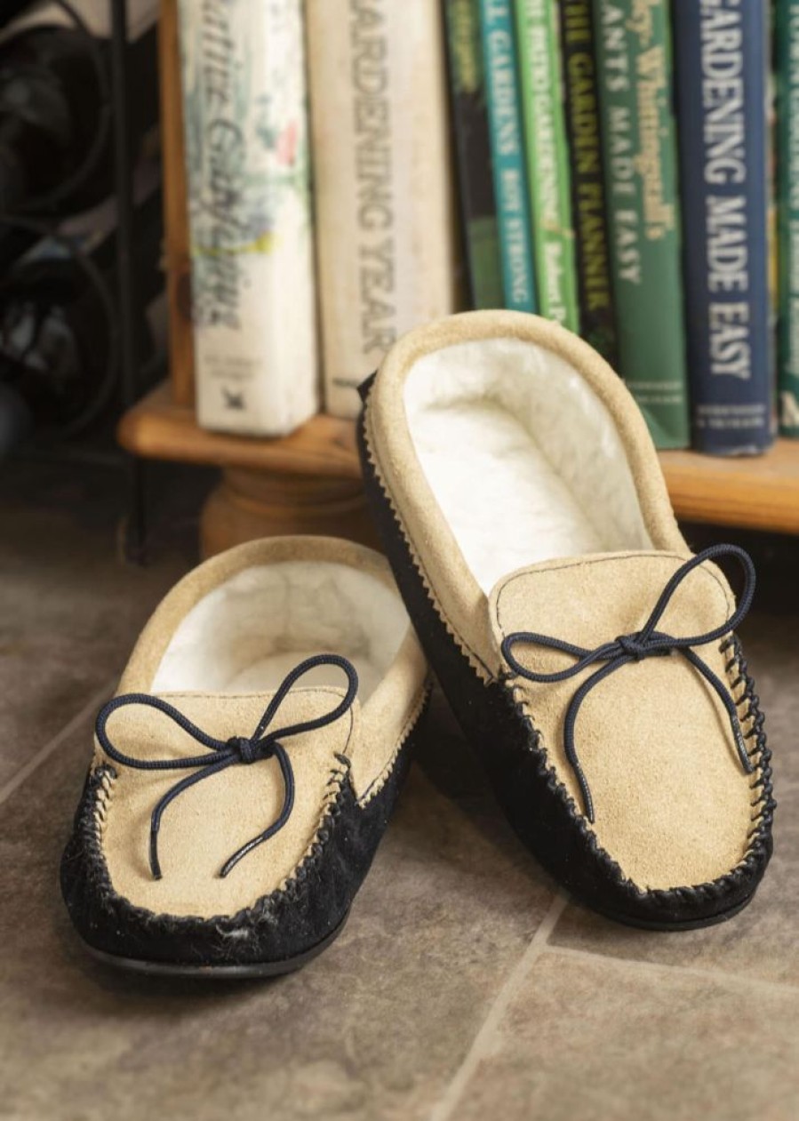 Lambland British Made Footwear | Men'S Suede And Wool Two Tone Moccasin Slippers