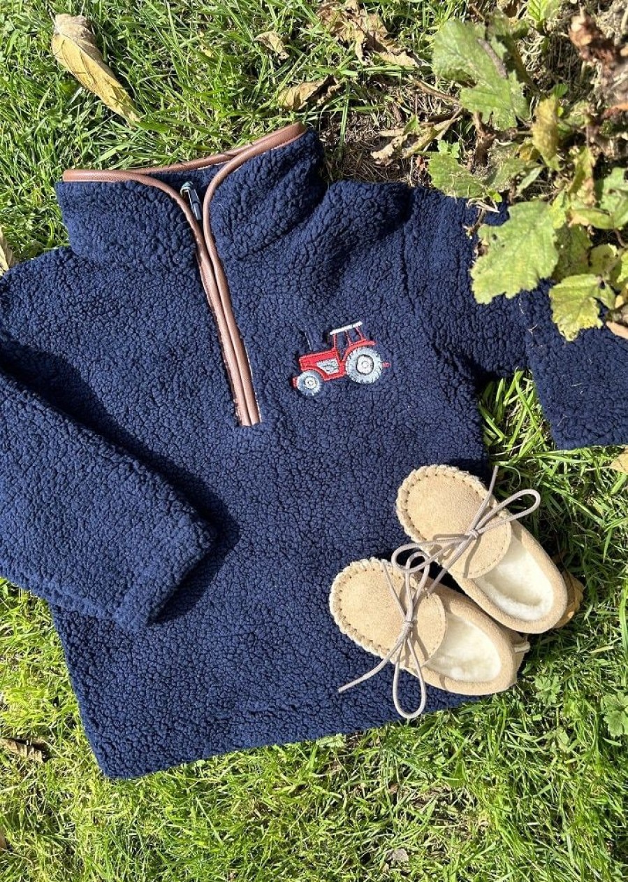 Lambland Kids Fleeces & Bodywarmers | Children'S Quarter Zip Berber Fleece With Tractor Embroidery