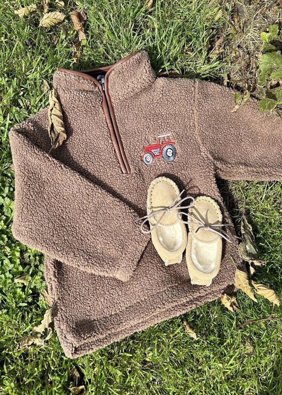 Lambland Kids Fleeces & Bodywarmers | Children'S Quarter Zip Berber Fleece With Tractor Embroidery