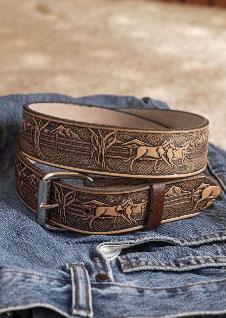 Arnicus Leather Leather Belts | Men'S 40Mm Horse Pattern Leather Buckle Belt