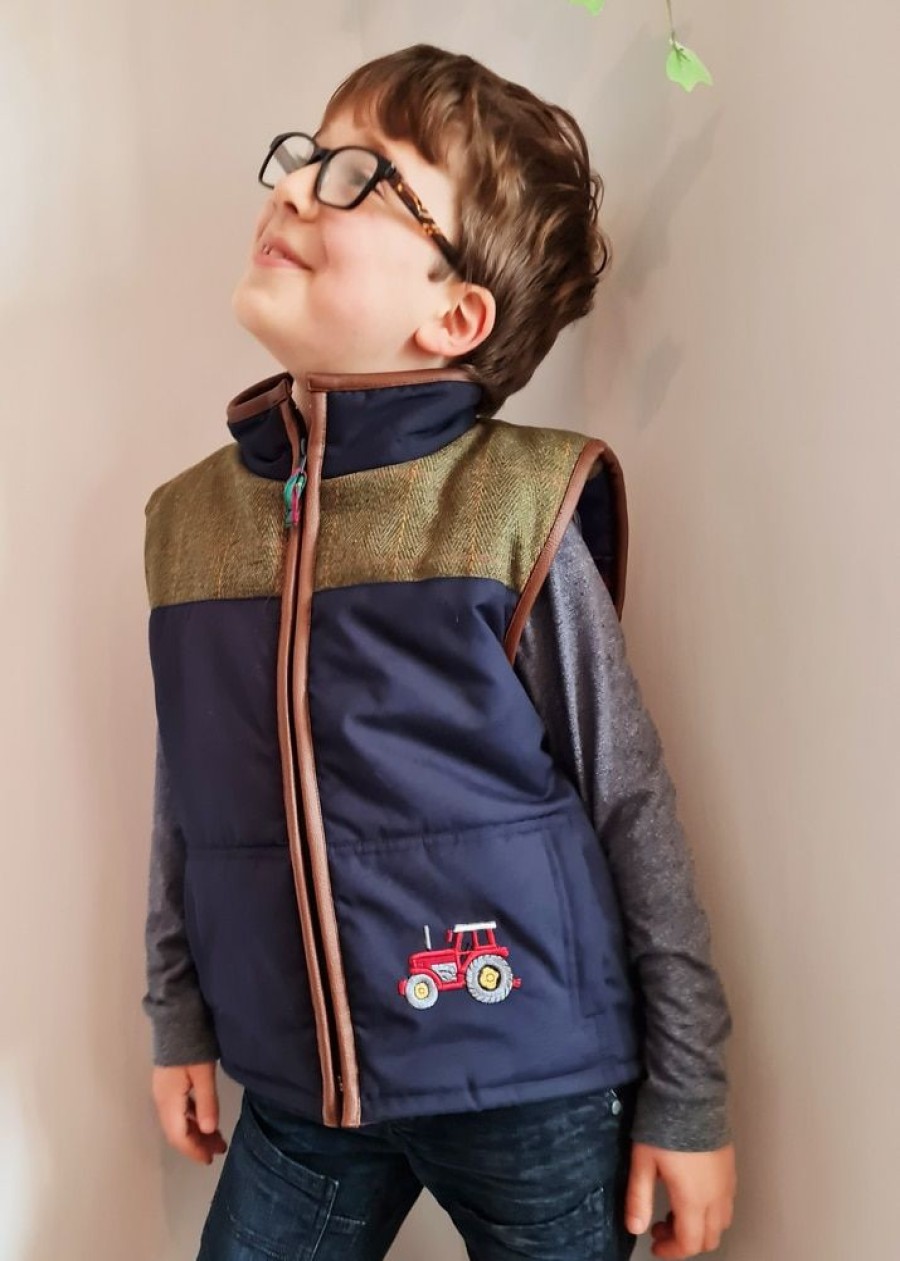 Lambland Kids Fleeces & Bodywarmers | Kids' Navy & Green Tweed Patch Gilet With Tan Trim