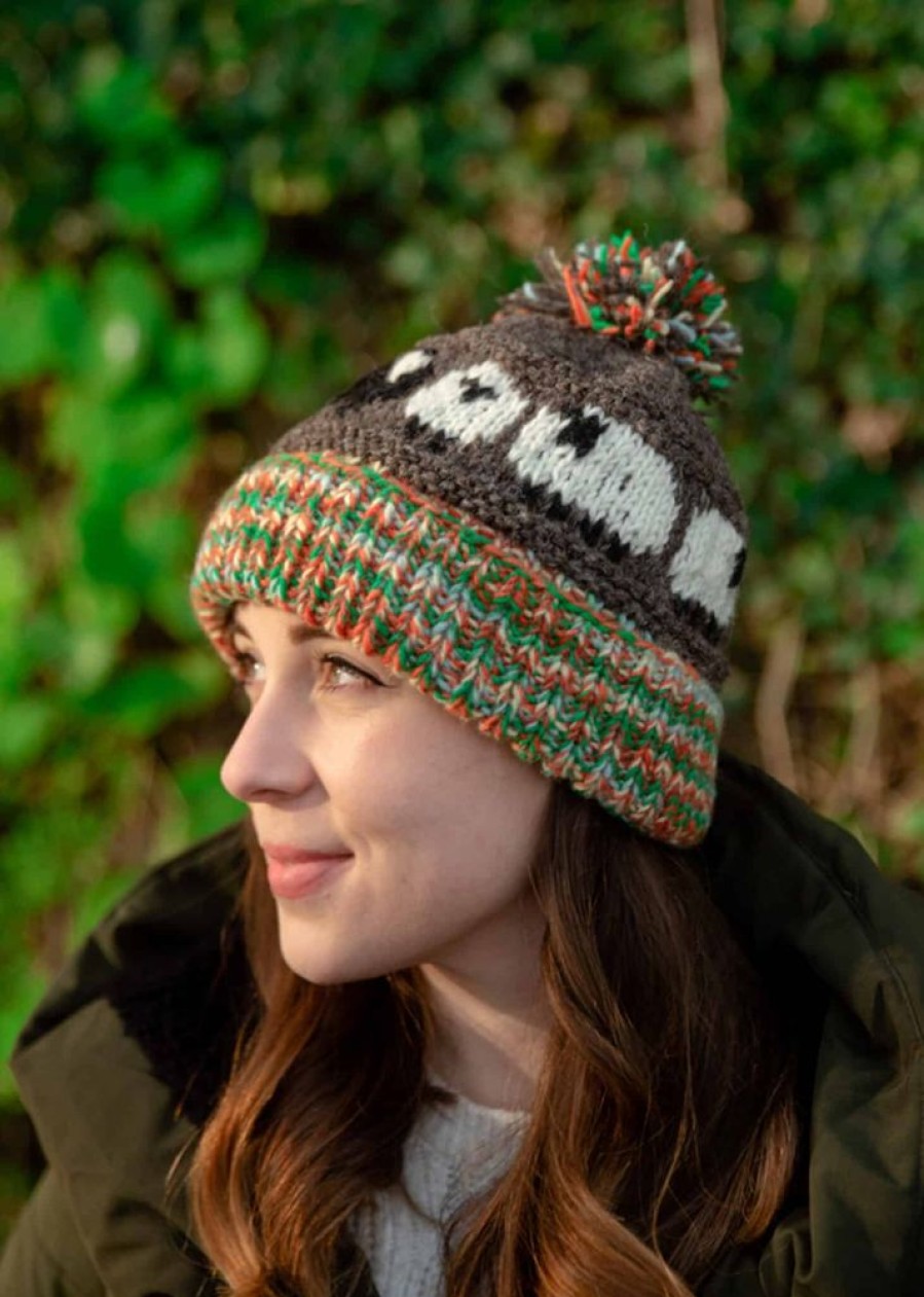 Lambland Hats, Scarves & Earmuffs | Hand Knitted Sheep Pattern Bobble Hat Brown