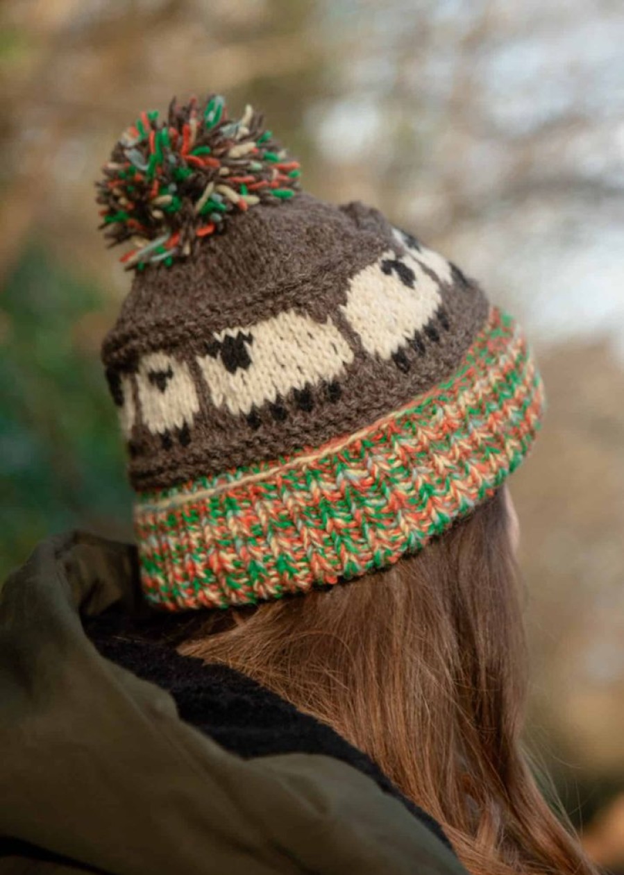 Lambland Hats, Scarves & Earmuffs | Hand Knitted Sheep Pattern Bobble Hat Brown