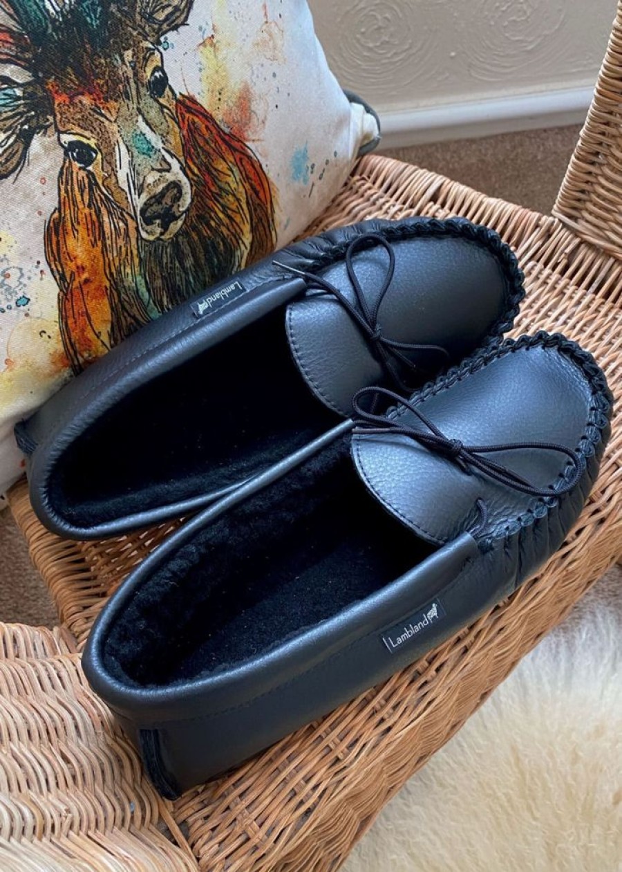 Lambland Ladies British Made Footwear | Ladies Leather Moccasin Slippers With Sheepskin Lining