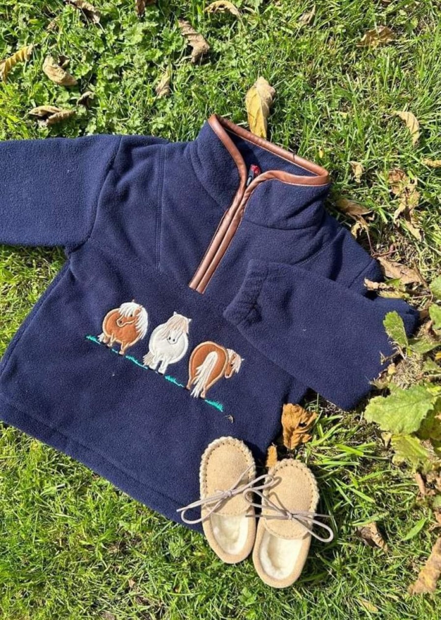 Lambland Kids Fleeces & Bodywarmers | Children'S Quarter Zip Fleece With Pony Embroidery & Tan Trim