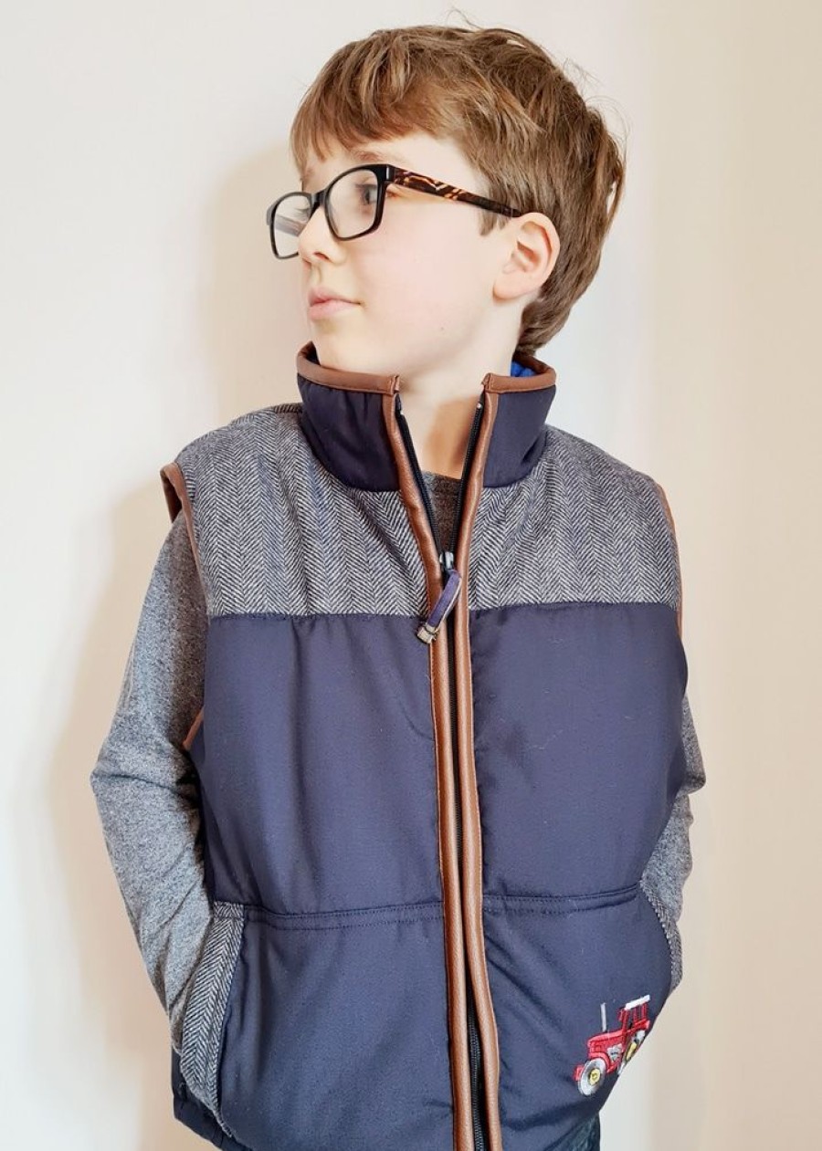 Lambland Kids Fleeces & Bodywarmers | Kids' Navy & Grey Tweed Patch Gilet With Tan Trim