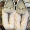 Lambland Ladies British Made Footwear | Ladies Fluffy Cuff Sheepskin Lined Pvc Sole Moccasin Slippers