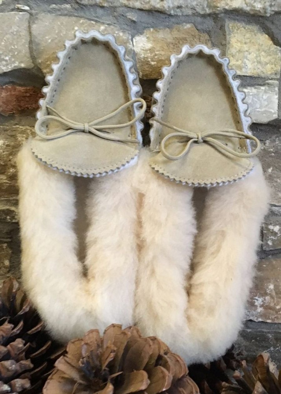 Lambland Ladies British Made Footwear | Ladies Fluffy Cuff Sheepskin Lined Pvc Sole Moccasin Slippers