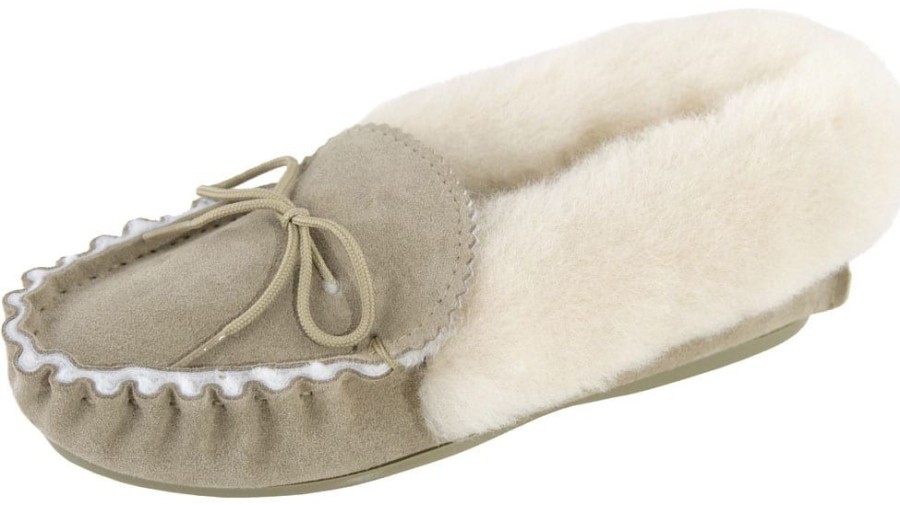 Lambland Ladies British Made Footwear | Ladies Fluffy Cuff Sheepskin Lined Pvc Sole Moccasin Slippers