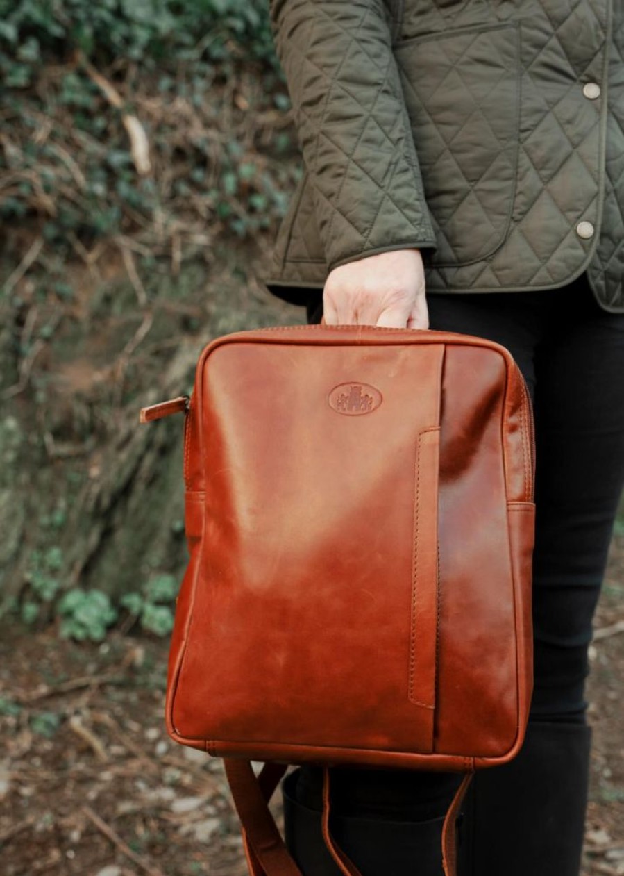 Rowallan of Scotland Backpacks | Luxury Cognac Leather Zipped Square Backpack