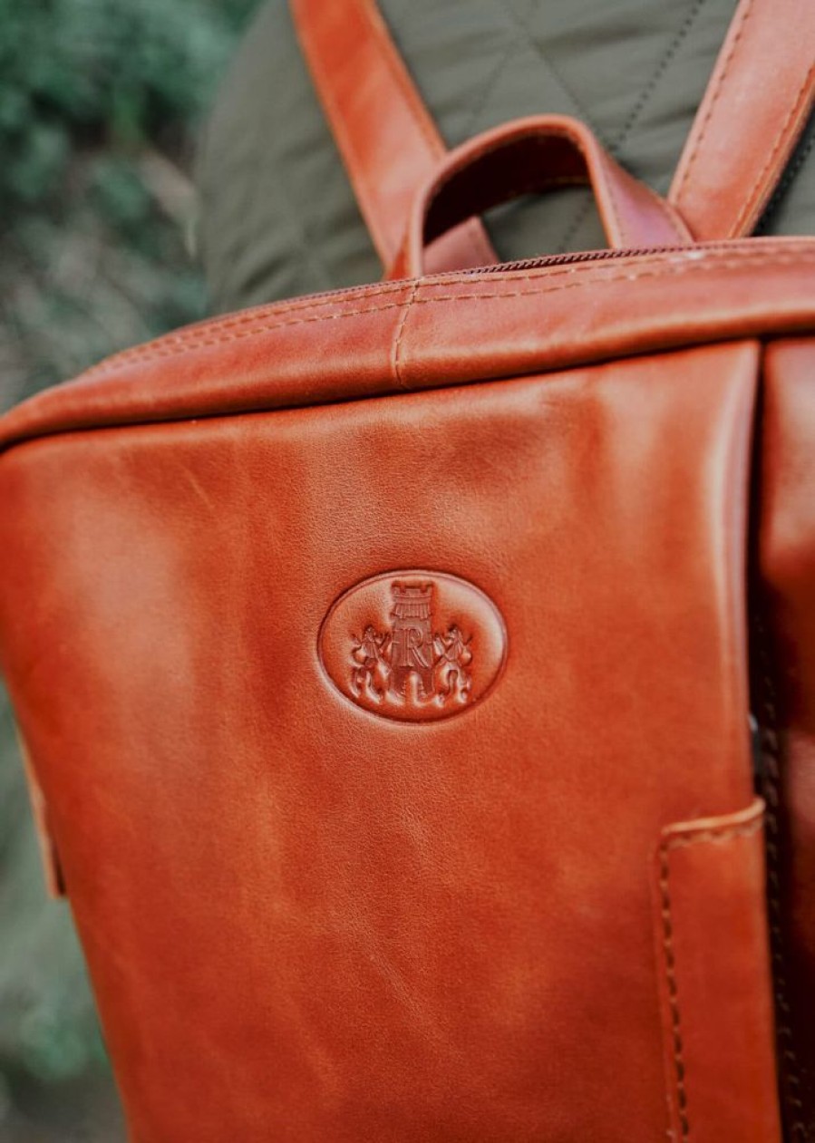 Rowallan of Scotland Backpacks | Luxury Cognac Leather Zipped Square Backpack