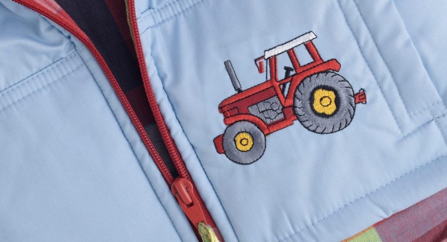 Lambland Kids Fleeces & Bodywarmers | Babies Sky Blue Tractor Embroidered Gilet