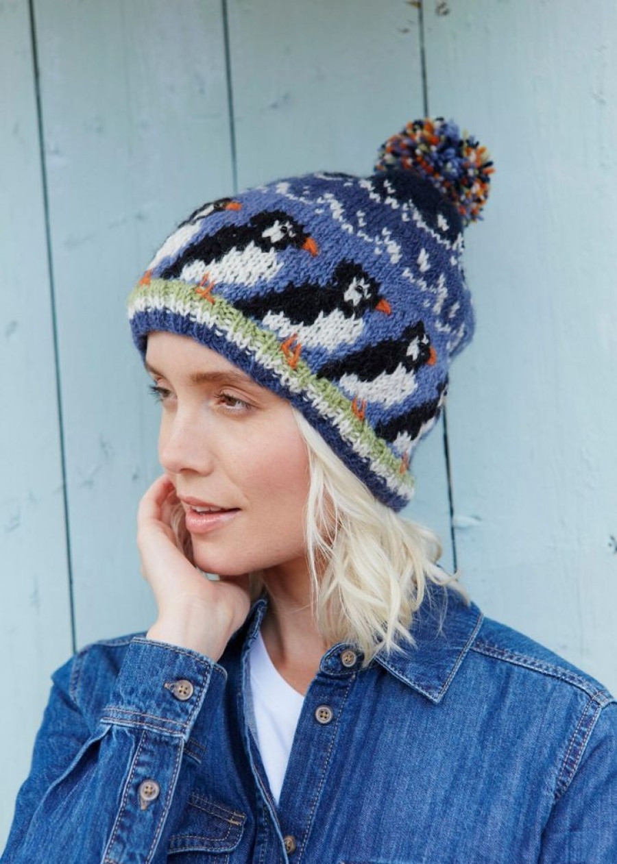 Pachamama Hats, Scarves & Earmuffs | Hand Knitted Puffin Design Bobble Hat