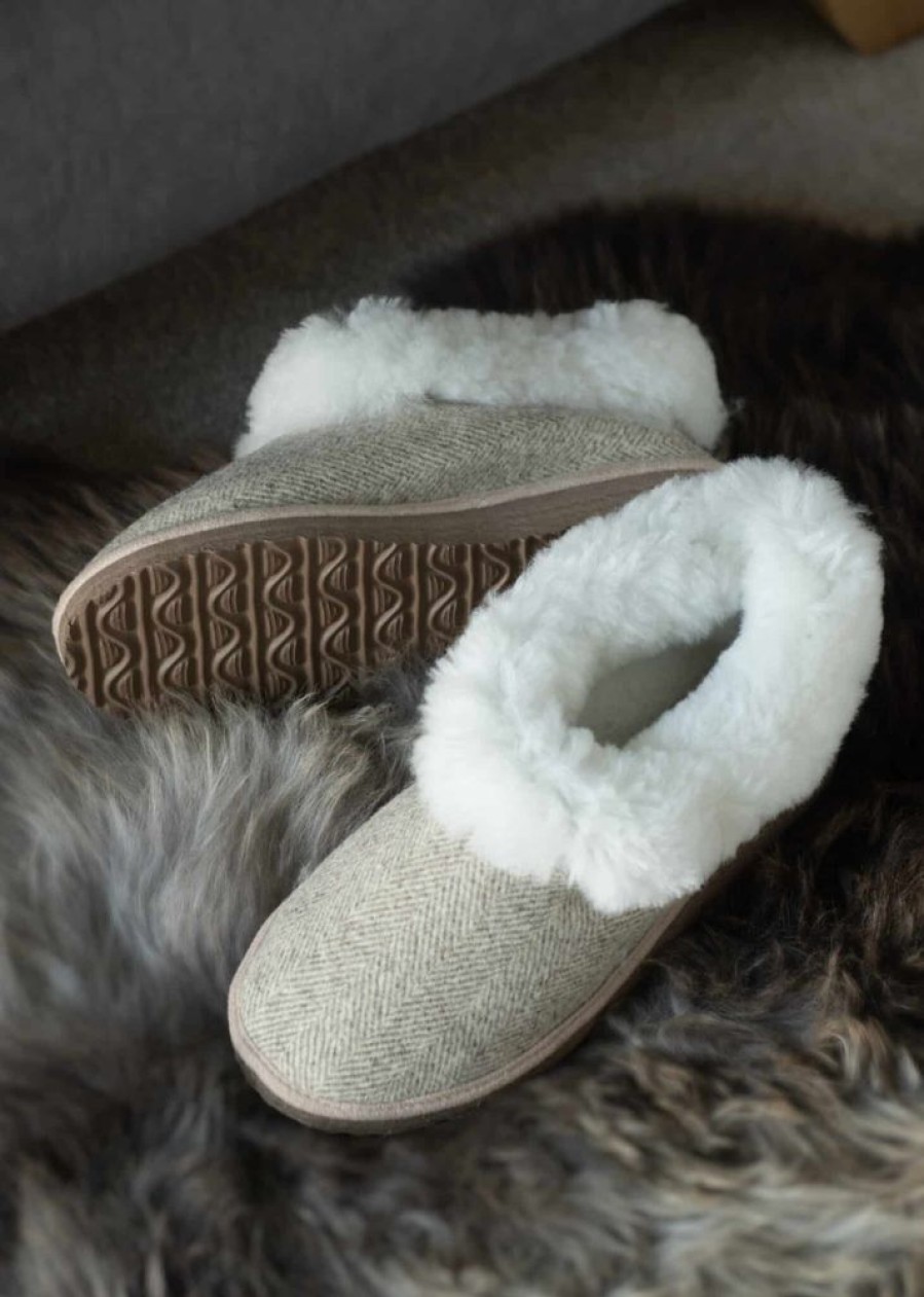 Glencroft Ladies Sheepskin Slippers | Ladies Sheepskin And Tweed Bootee Slippers With Eva Sole