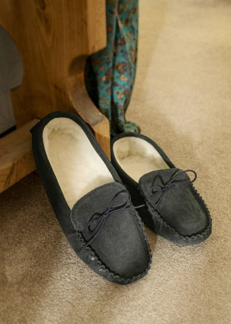 Lambland Ladies British Made Footwear | Ladies Suede Moccasin Slippers With Soft Suede Sole