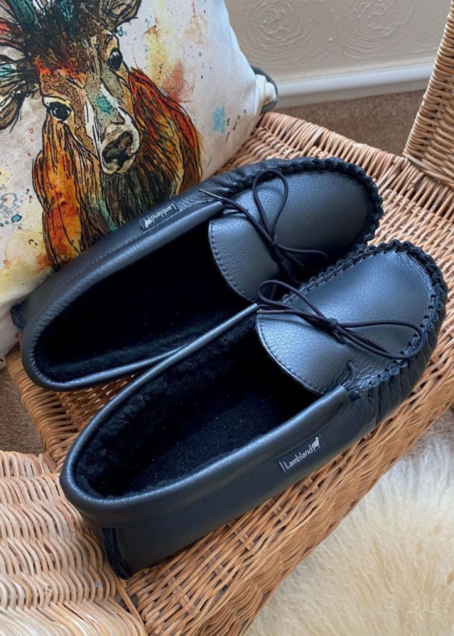 Lambland British Made Footwear | Men'S Leather Moccasin Slippers With Sheepskin Lining