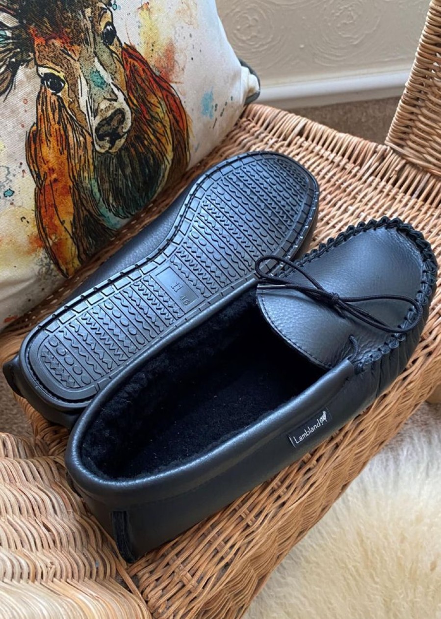 Lambland British Made Footwear | Men'S Leather Moccasin Slippers With Sheepskin Lining