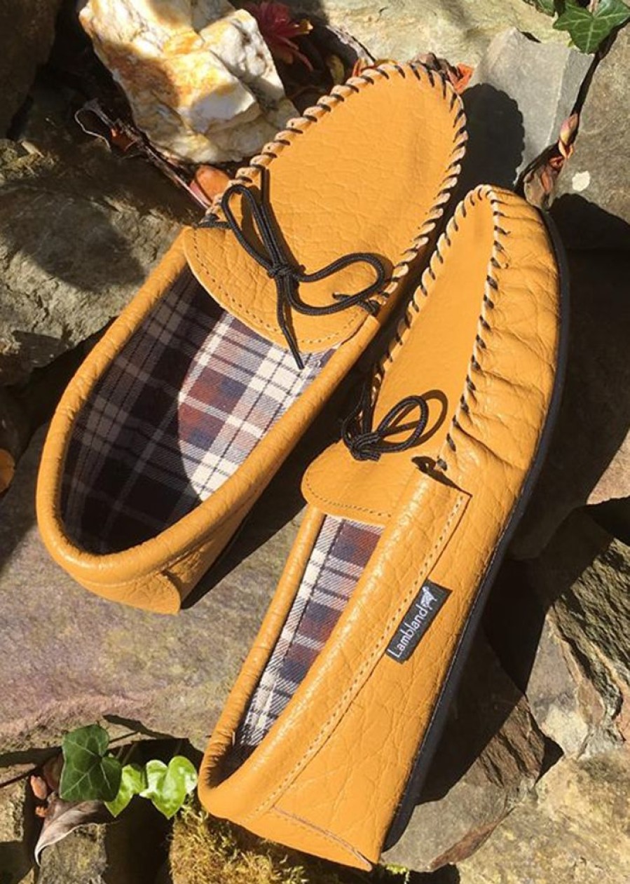 Lambland British Made Footwear | Men'S Grained Leather Fabric Lined Moccasins