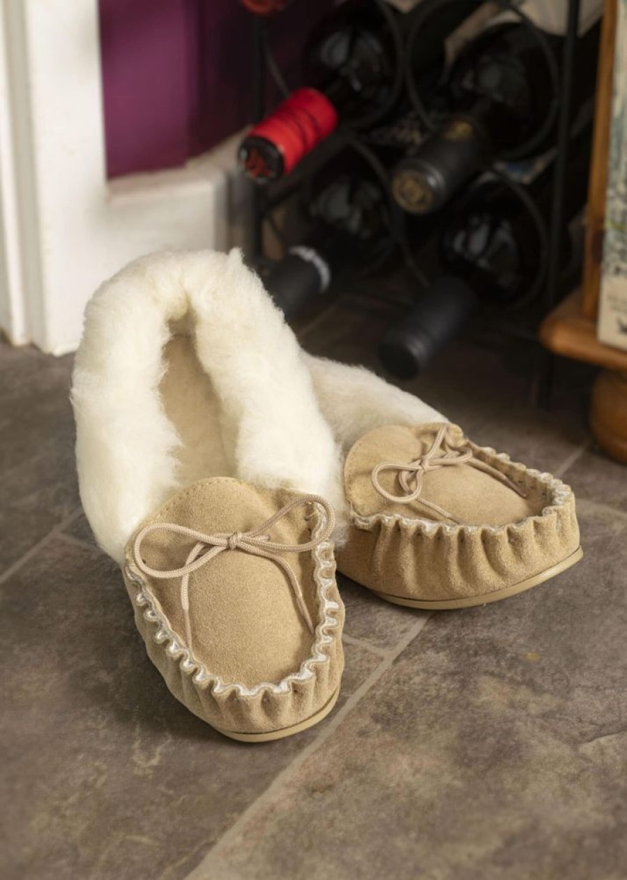 Lambland Ladies British Made Footwear | Ladies Fluffy Lambswool Pvc Sole Moccasin Slippers