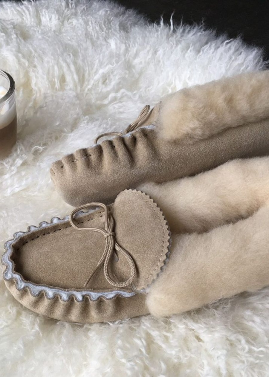 Lambland Ladies British Made Footwear | Ladies Fluffy Cuff Sheepskin Lined Suede Sole Moccasin Slippers