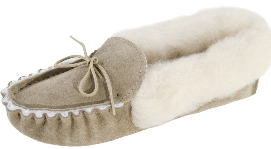 Lambland Ladies British Made Footwear | Ladies Fluffy Cuff Sheepskin Lined Suede Sole Moccasin Slippers