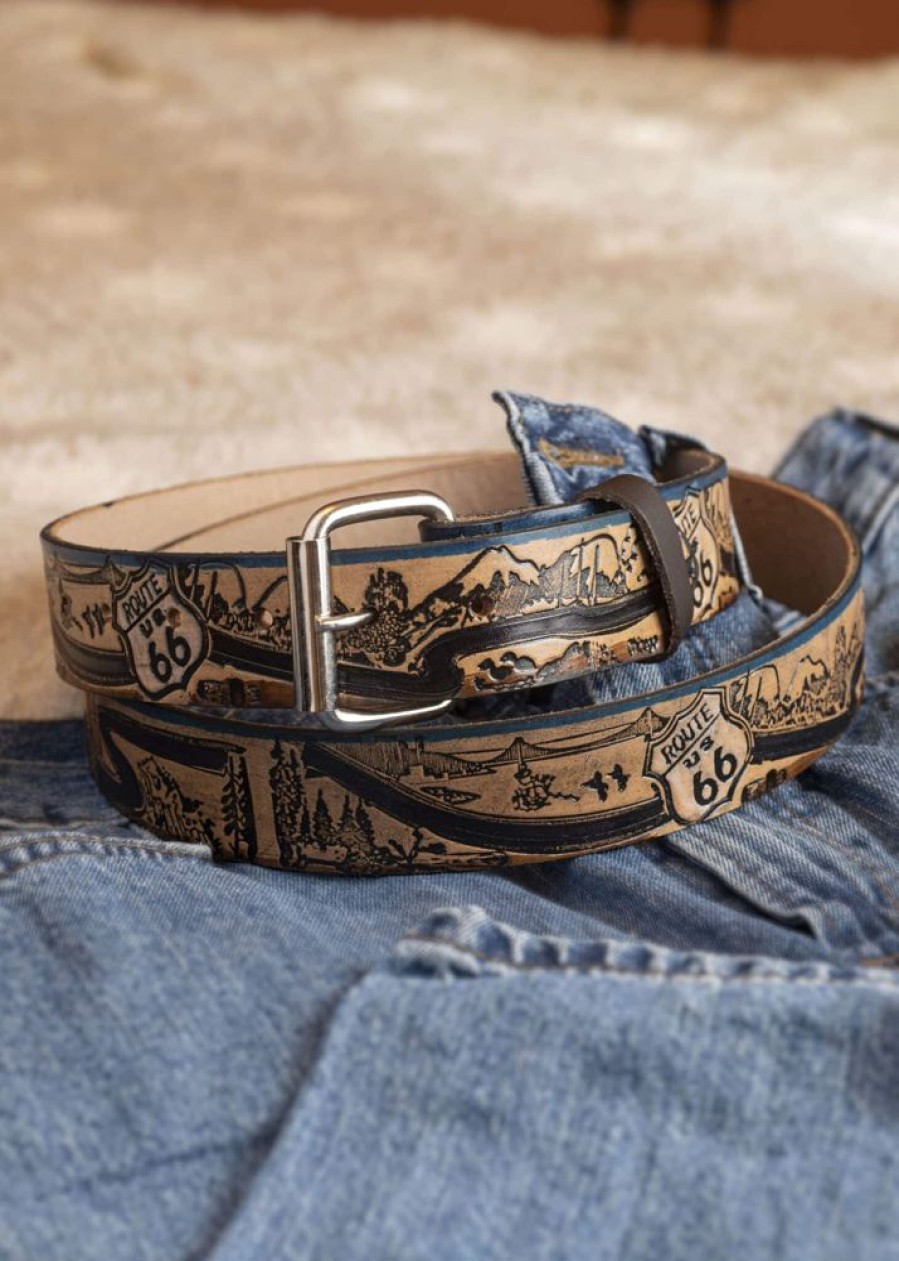 Arnicus Leather Leather Belts | Men'S 40Mm Route 66 Pattern Leather Buckle Belt